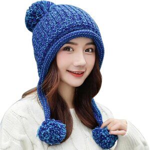 Women Blue Winter Peruvian Cover Ears Beanie Hat Ear Flaps Sherpa Snow